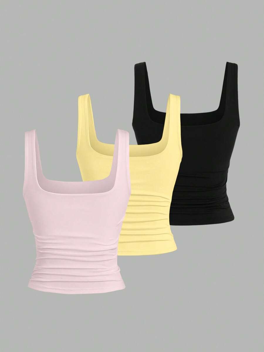 Sweetra Ženska Letnja Majica – Kvadratni Izrez, Nabran Slim Fit Casual Top