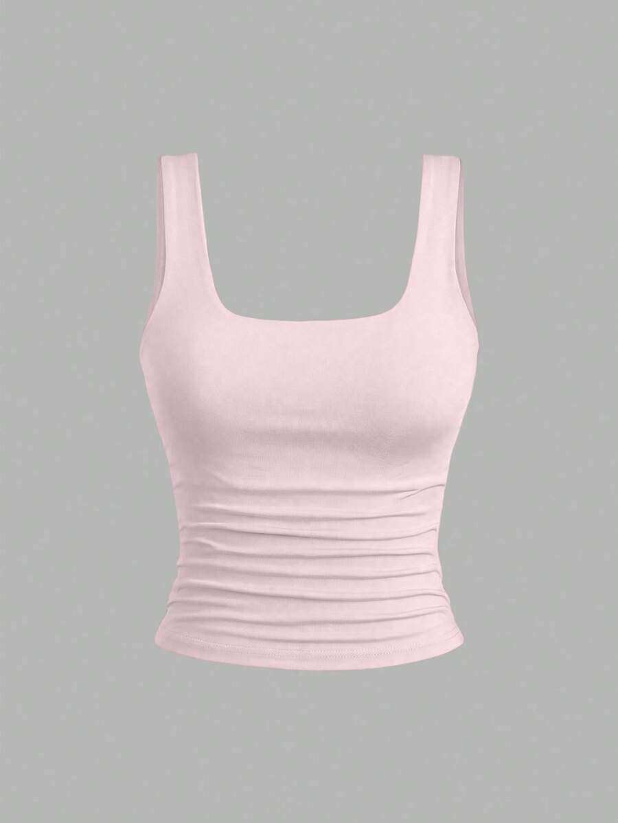 Sweetra Ženska Letnja Majica – Kvadratni Izrez, Nabran Slim Fit Casual Top