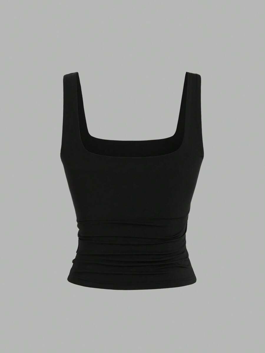 Sweetra Ženska Letnja Majica – Kvadratni Izrez, Nabran Slim Fit Casual Top