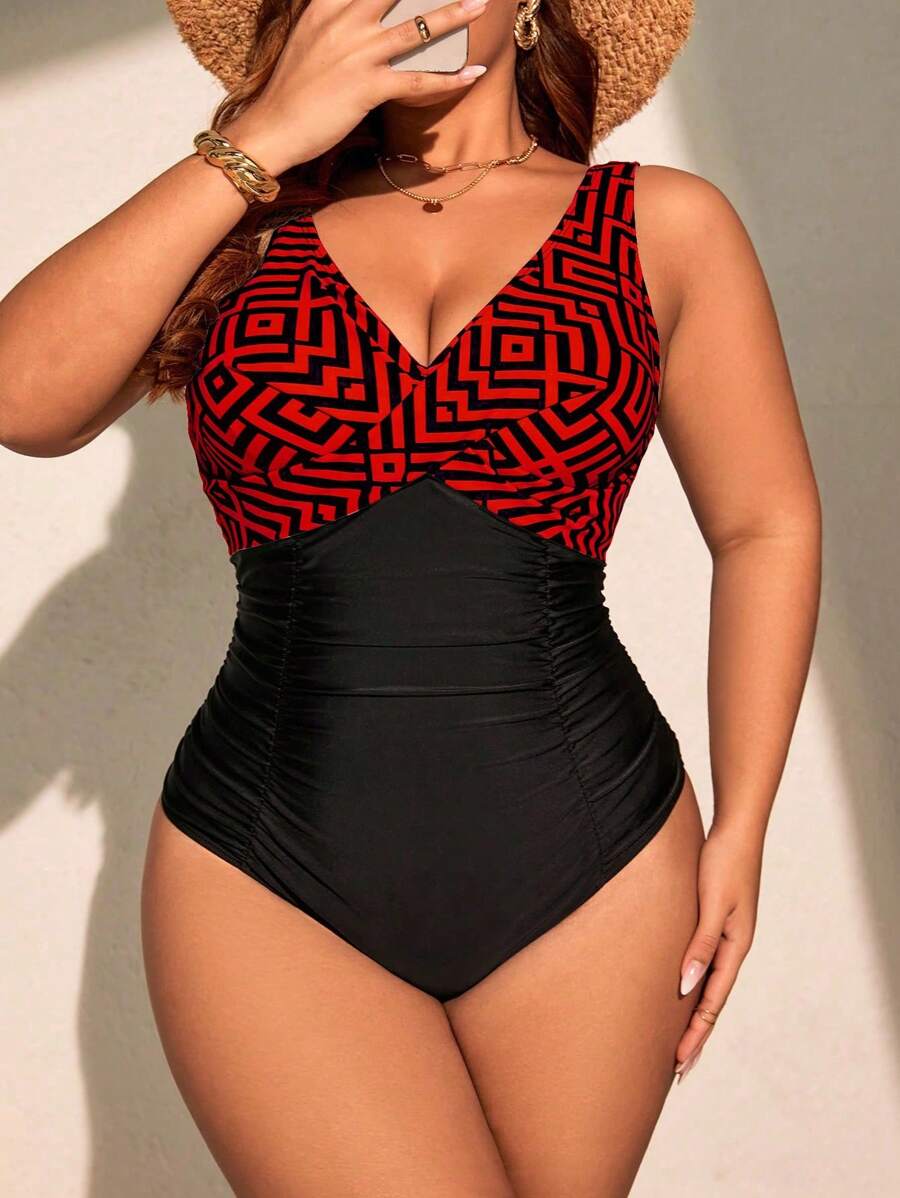 Jednodelni kupaći kostim za žene plus size sa geometrijskim printom i nabranim detaljima