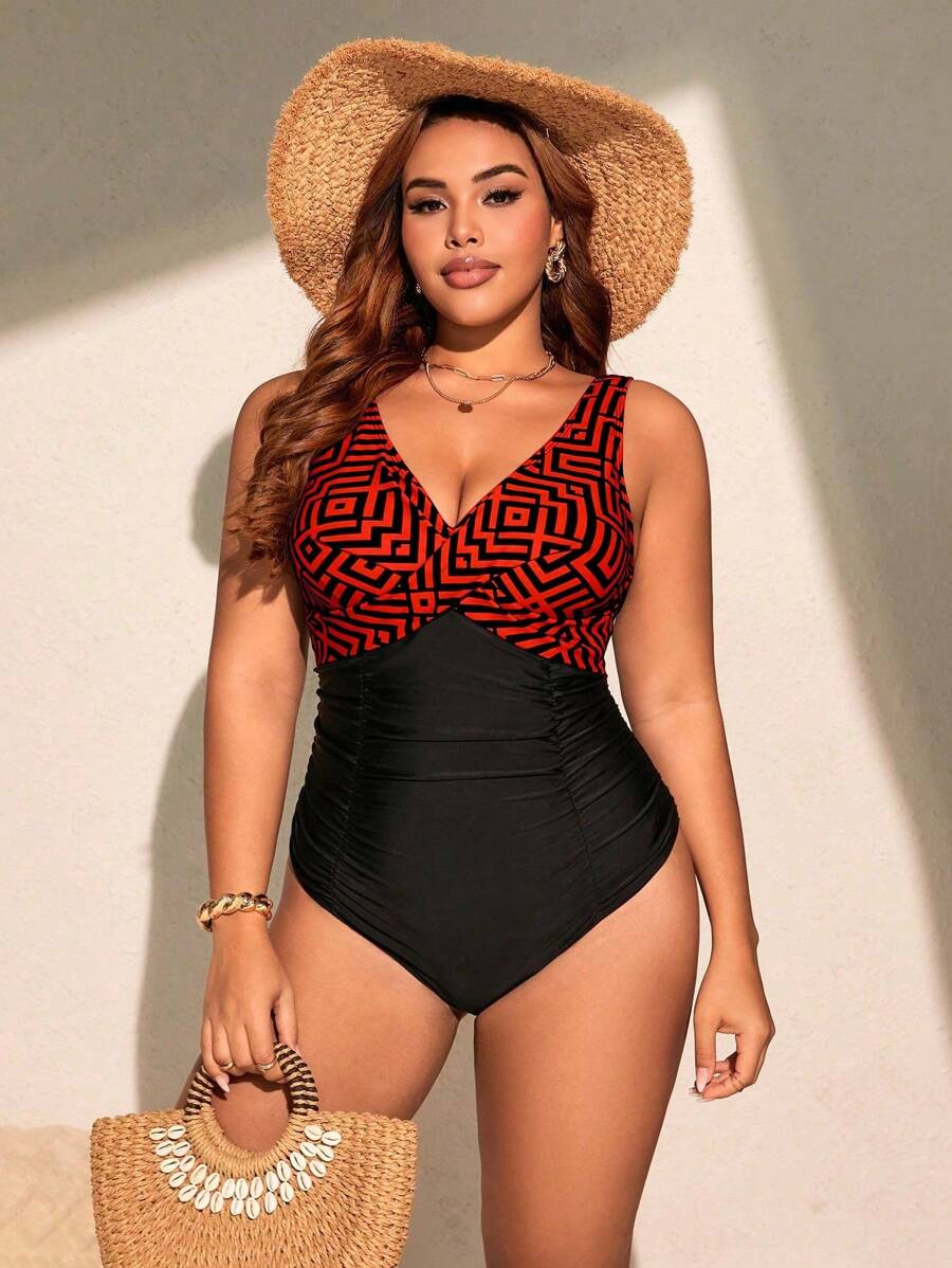 Jednodelni kupaći kostim za žene plus size sa geometrijskim printom i nabranim detaljima