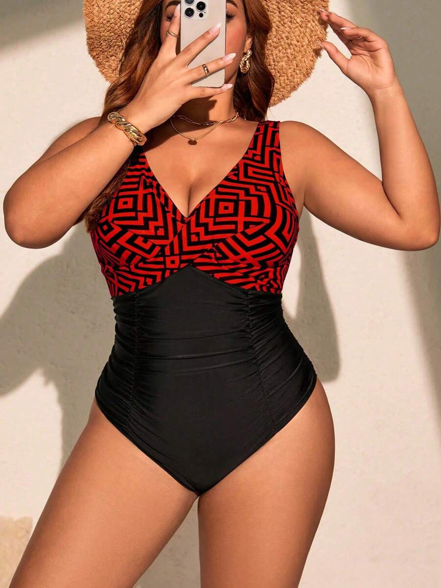Jednodelni kupaći kostim za žene plus size sa geometrijskim printom i nabranim detaljima