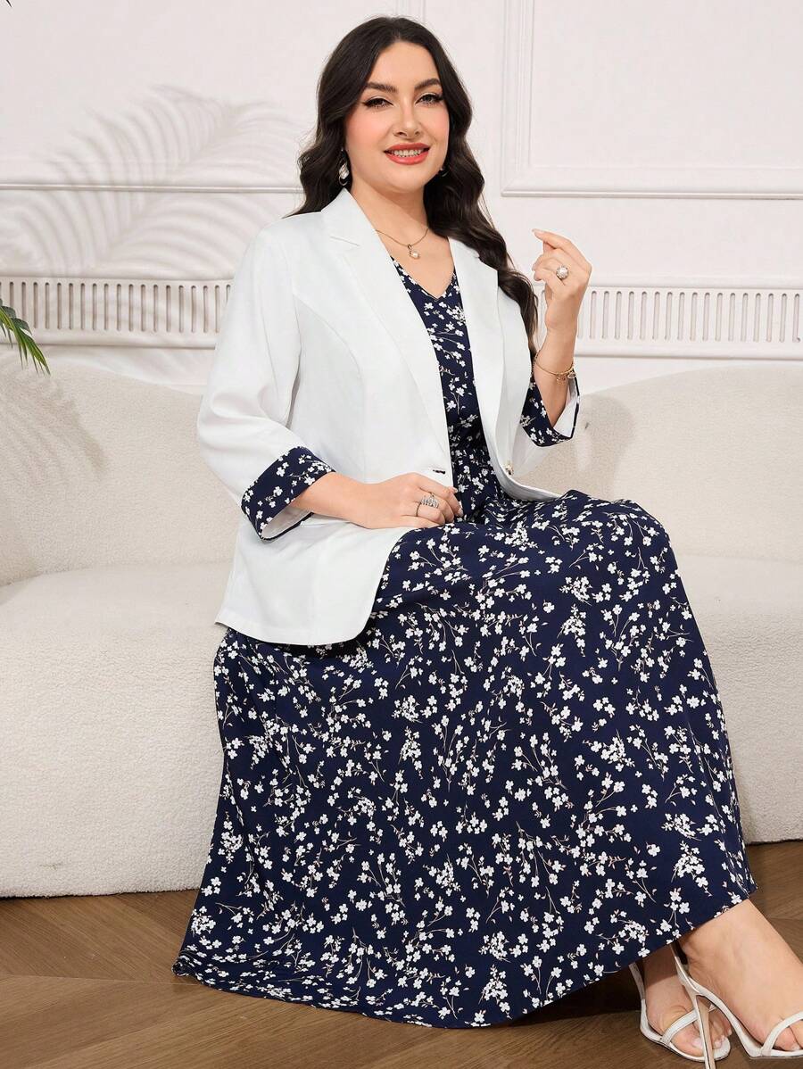 Clasi Set sa sakoom i haljinom sa cvetnim dezenom, plus size