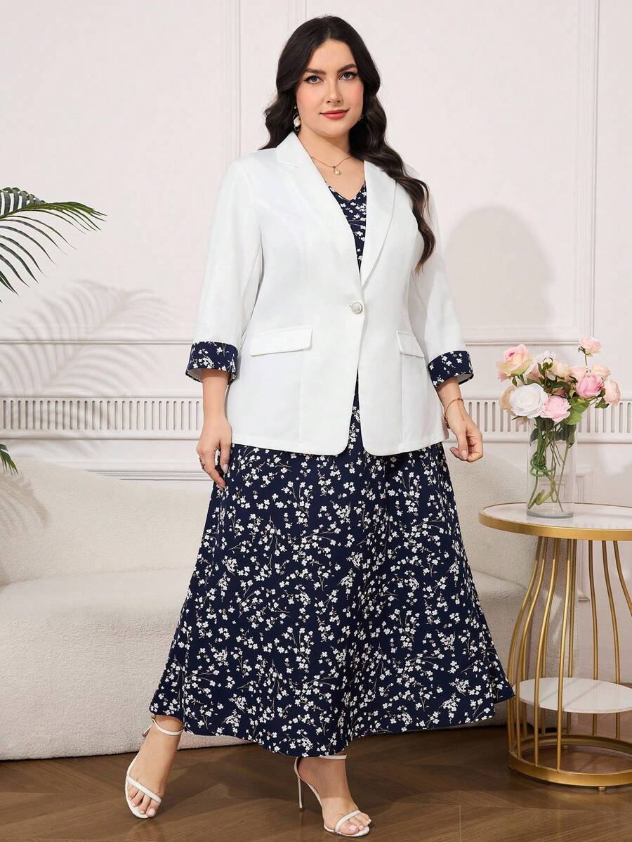 Clasi Set sa sakoom i haljinom sa cvetnim dezenom, plus size