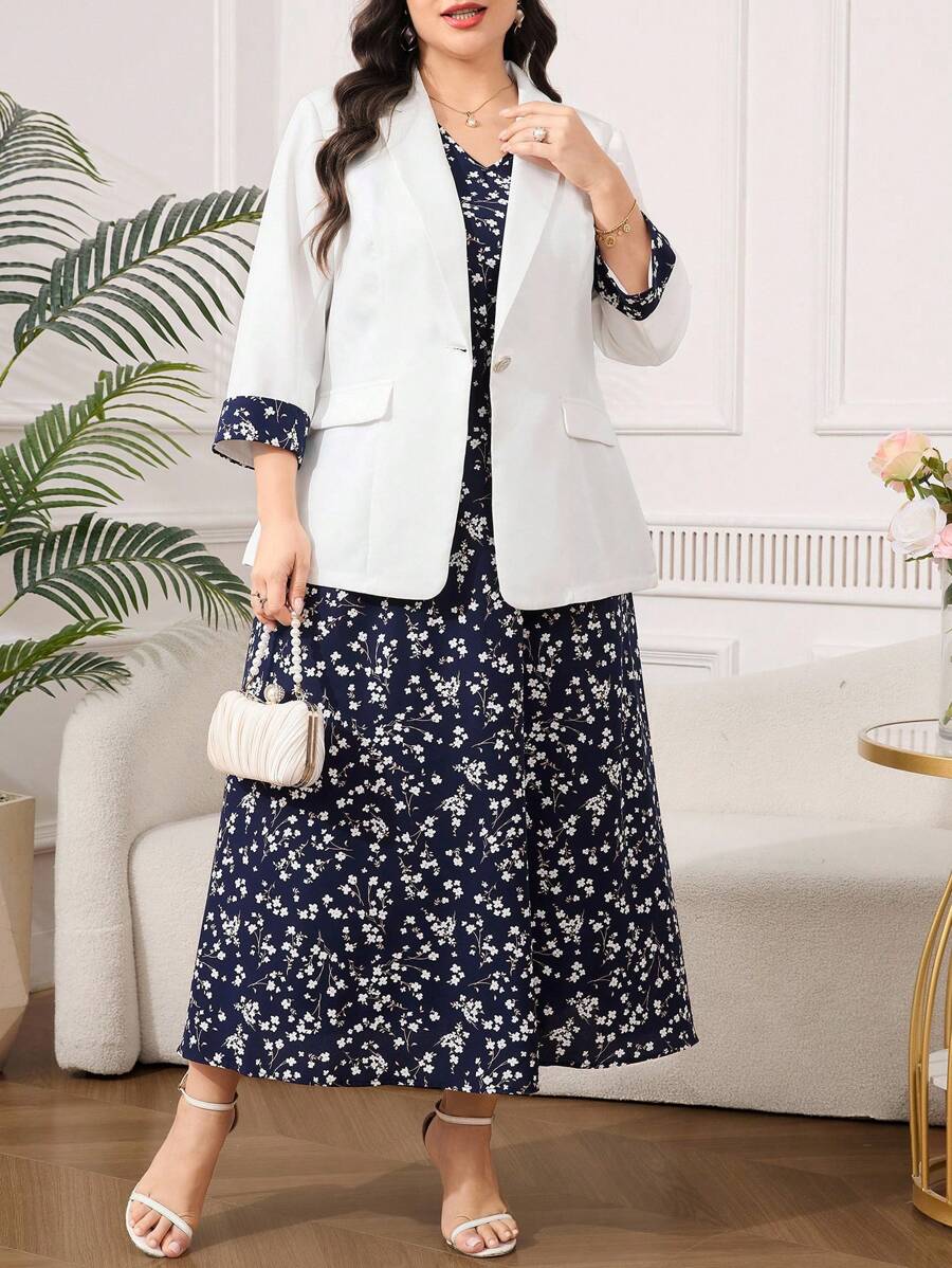 Clasi Set sa sakoom i haljinom sa cvetnim dezenom, plus size