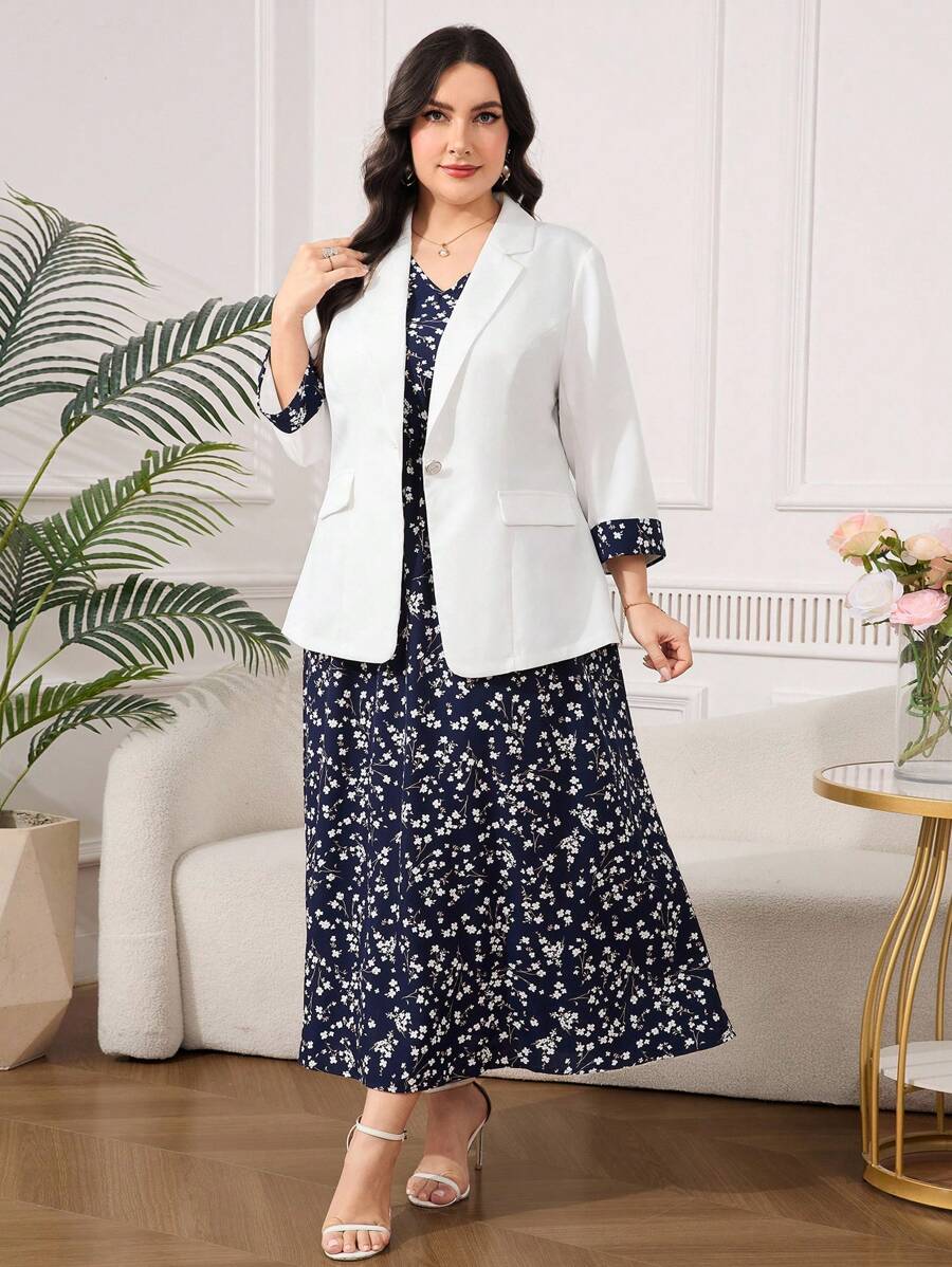Clasi Set sa sakoom i haljinom sa cvetnim dezenom, plus size