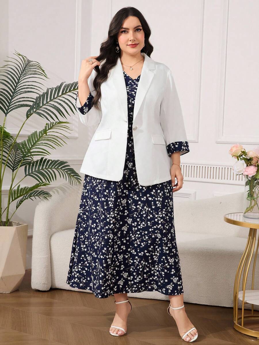 Clasi Set sa sakoom i haljinom sa cvetnim dezenom, plus size