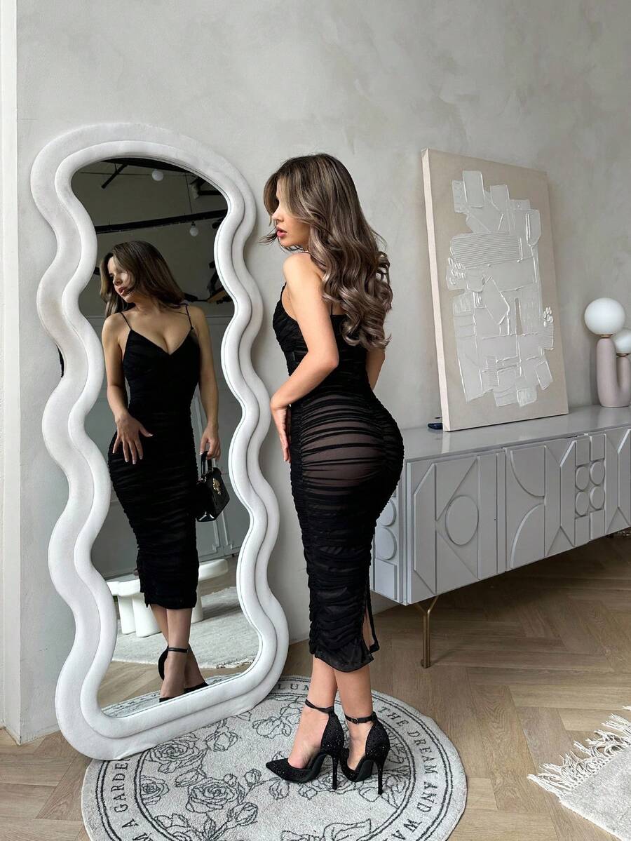 Ženska Svečana Haljina – Nabran Slip Model od Mrežaste Tkanine