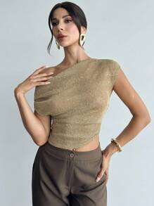Firerie Women's Elegant Romantic Date Vacation Casual Commute Versatile Khaki Sequin Jacquard Texture Asymmetric Collar Fitted Off The Shoulder Top