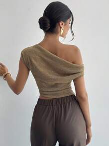 Firerie Women's Elegant Romantic Date Vacation Casual Commute Versatile Khaki Sequin Jacquard Texture Asymmetric Collar Fitted Off The Shoulder Top