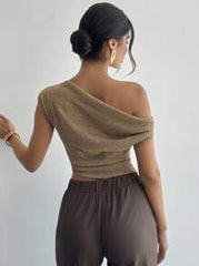 Firerie Women's Elegant Romantic Date Vacation Casual Commute Versatile Khaki Sequin Jacquard Texture Asymmetric Collar Fitted Off The Shoulder Top