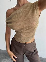 Firerie Women's Elegant Romantic Date Vacation Casual Commute Versatile Khaki Sequin Jacquard Texture Asymmetric Collar Fitted Off The Shoulder Top