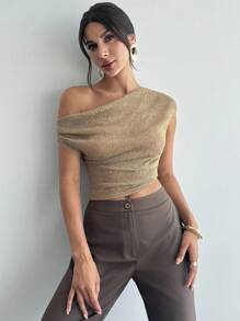 Firerie Women's Elegant Romantic Date Vacation Casual Commute Versatile Khaki Sequin Jacquard Texture Asymmetric Collar Fitted Off The Shoulder Top