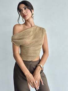 Firerie Women's Elegant Romantic Date Vacation Casual Commute Versatile Khaki Sequin Jacquard Texture Asymmetric Collar Fitted Off The Shoulder Top