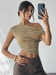 Firerie Women's Elegant Romantic Date Vacation Casual Commute Versatile Khaki Sequin Jacquard Texture Asymmetric Collar Fitted Off The Shoulder Top