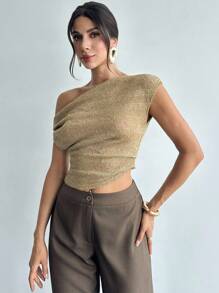 Firerie Women's Elegant Romantic Date Vacation Casual Commute Versatile Khaki Sequin Jacquard Texture Asymmetric Collar Fitted Off The Shoulder Top