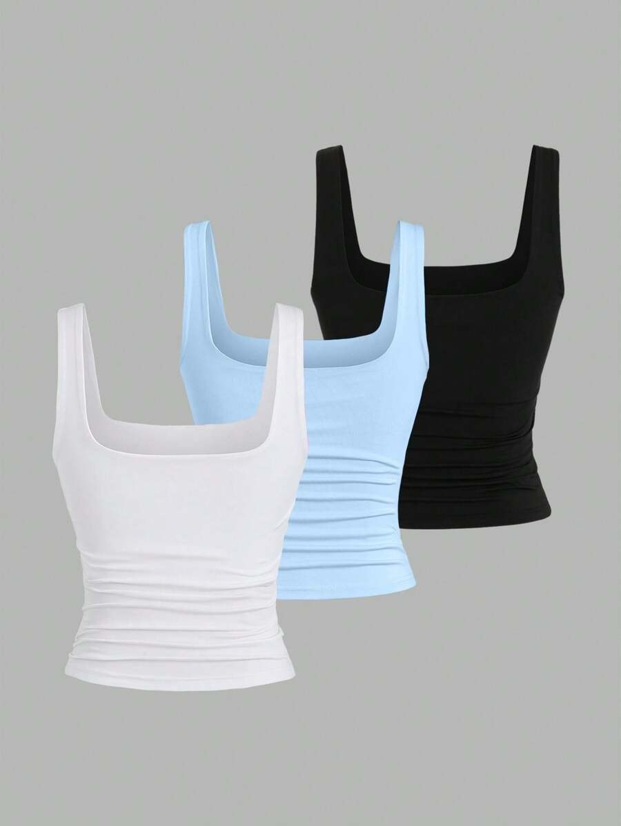 Sweetra Ženska Letnja Majica – Kvadratni Izrez, Nabran Slim Fit Casual Top