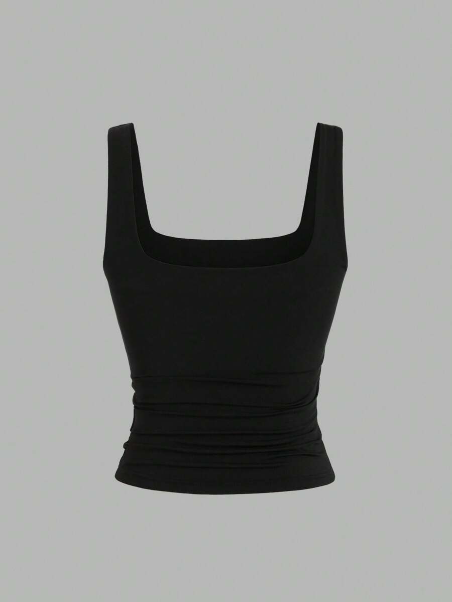 Sweetra Ženska Letnja Majica – Kvadratni Izrez, Nabran Slim Fit Casual Top