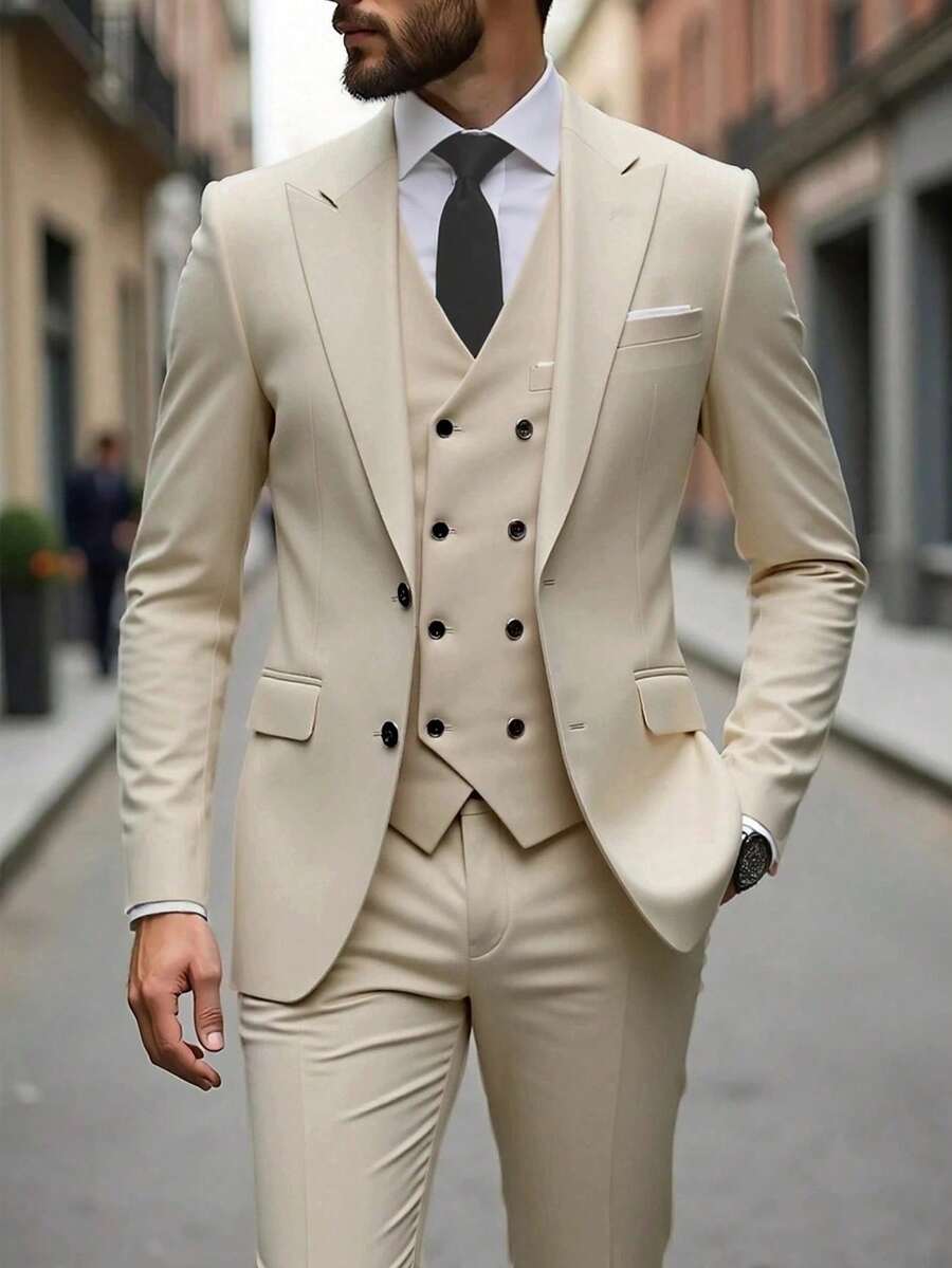Muški poslovni komplet od 3 dela, uključuje sako, prsluk i pantalone, jednobojni, slim fit
