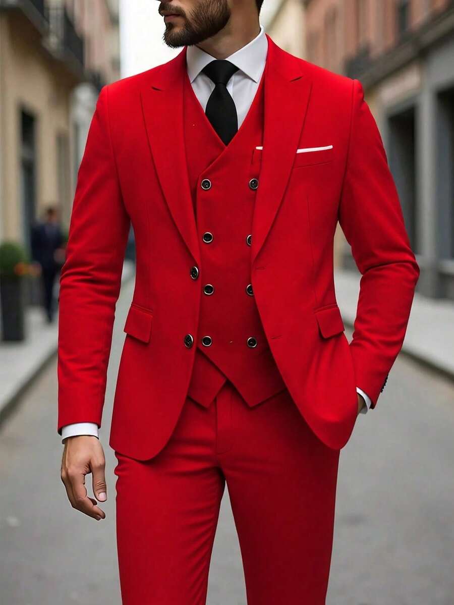 Muški poslovni komplet od 3 dela, uključuje sako, prsluk i pantalone, jednobojni, slim fit