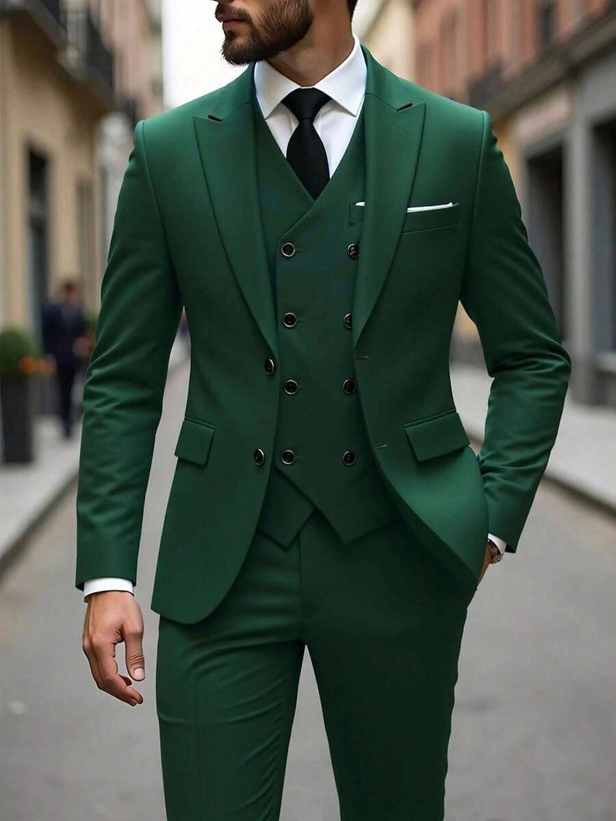 Muški poslovni komplet od 3 dela, uključuje sako, prsluk i pantalone, jednobojni, slim fit