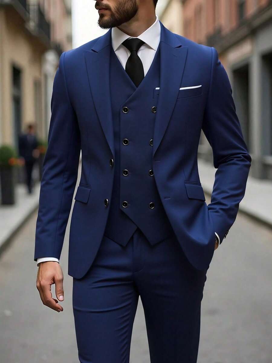 Muški poslovni komplet od 3 dela, uključuje sako, prsluk i pantalone, jednobojni, slim fit