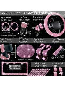 19pcs Shiny Car Accessories Set, Designed For Women, Including Steering Wheel Cover, Seatbelt Cover, Gear Shift Knob Cover, Phone Holder, Cup Holder, Cute Car Decor Kit, Car Interior Accessories Set (Black, White, Pink, Red)