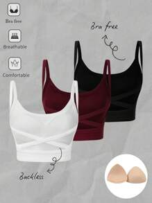 SHEIN VCAY 3pcs Women Casual Racerback Crop Tank Tops With Built-In Bra, Suitable For Summer