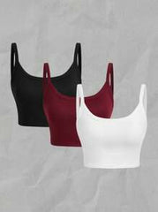 SHEIN VCAY 3pcs Women Casual Racerback Crop Tank Tops With Built-In Bra, Suitable For Summer