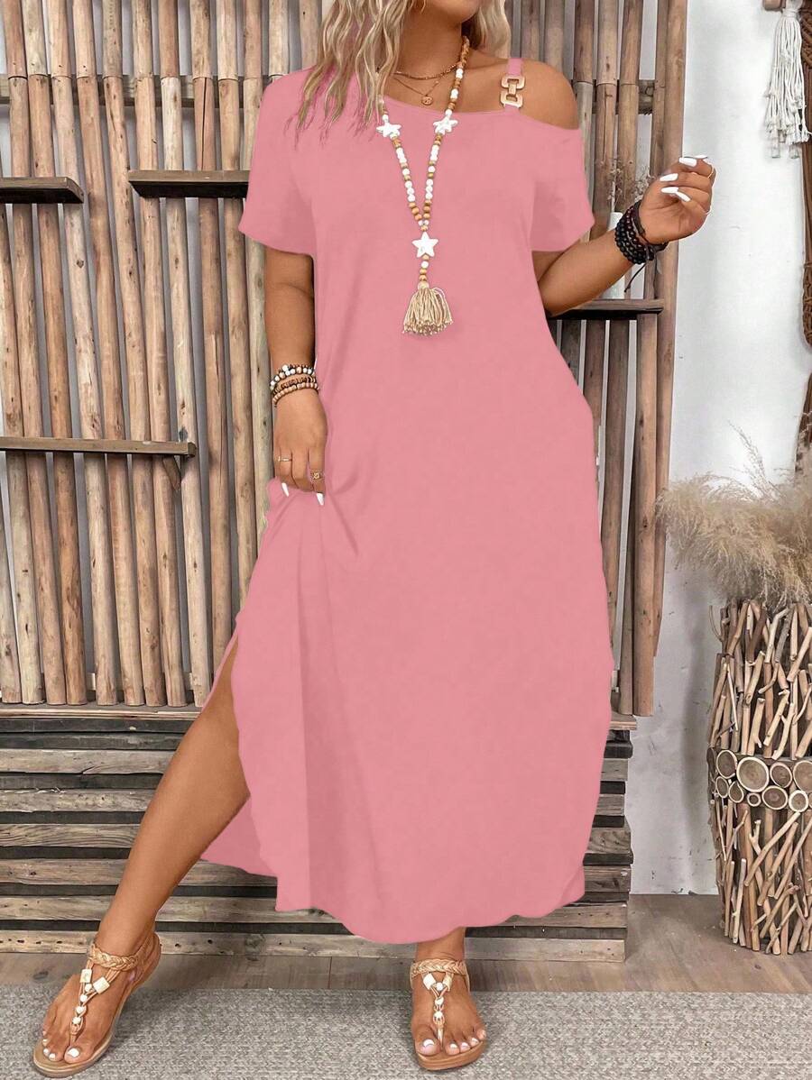 Ženska ležerna haljina plus size jednobojna, sa asimetričnim izrezom