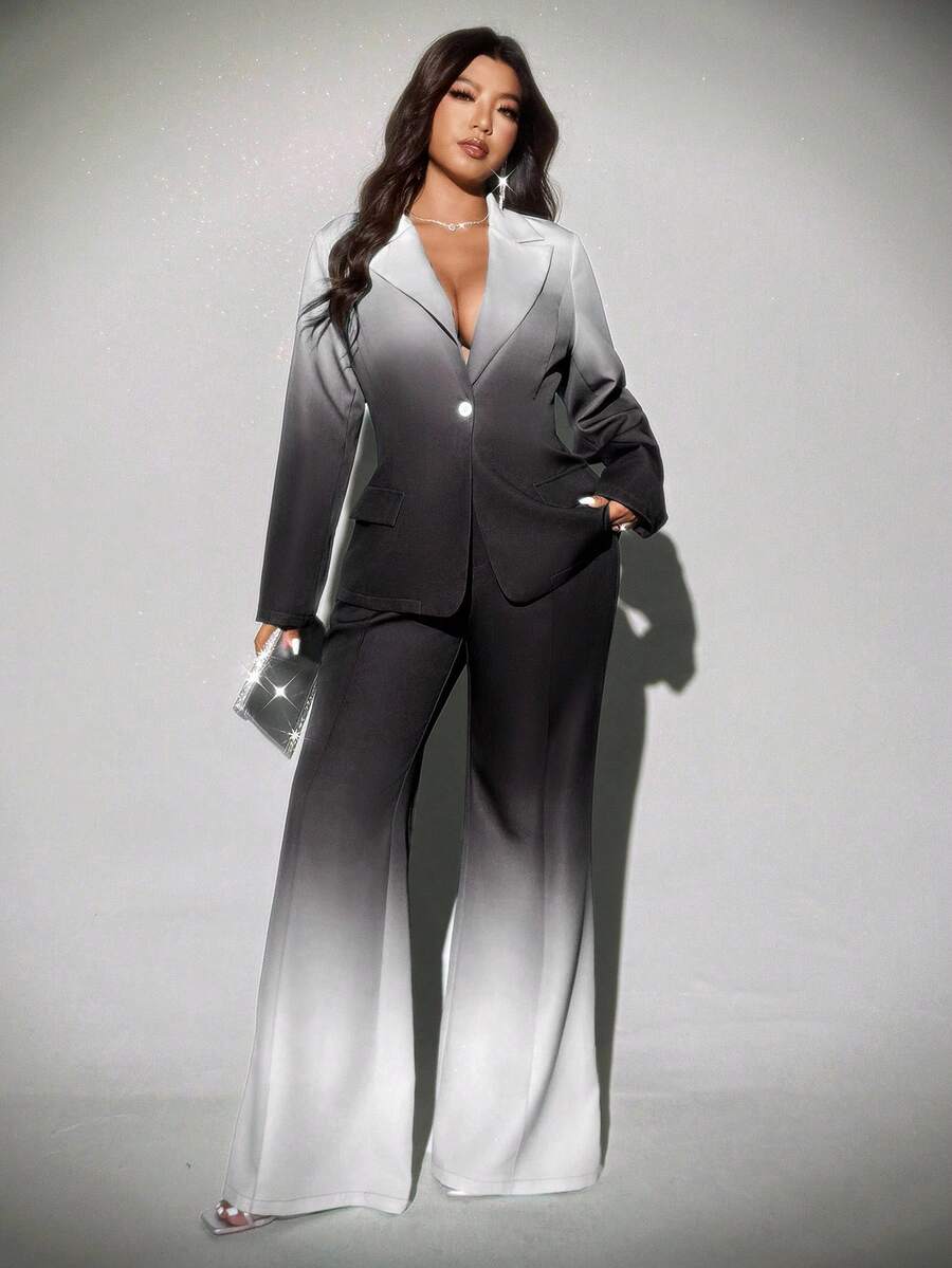 Elegantni komplet-  odelo sa ombré raširenim pantalonama, plus size, za zimu i jesen