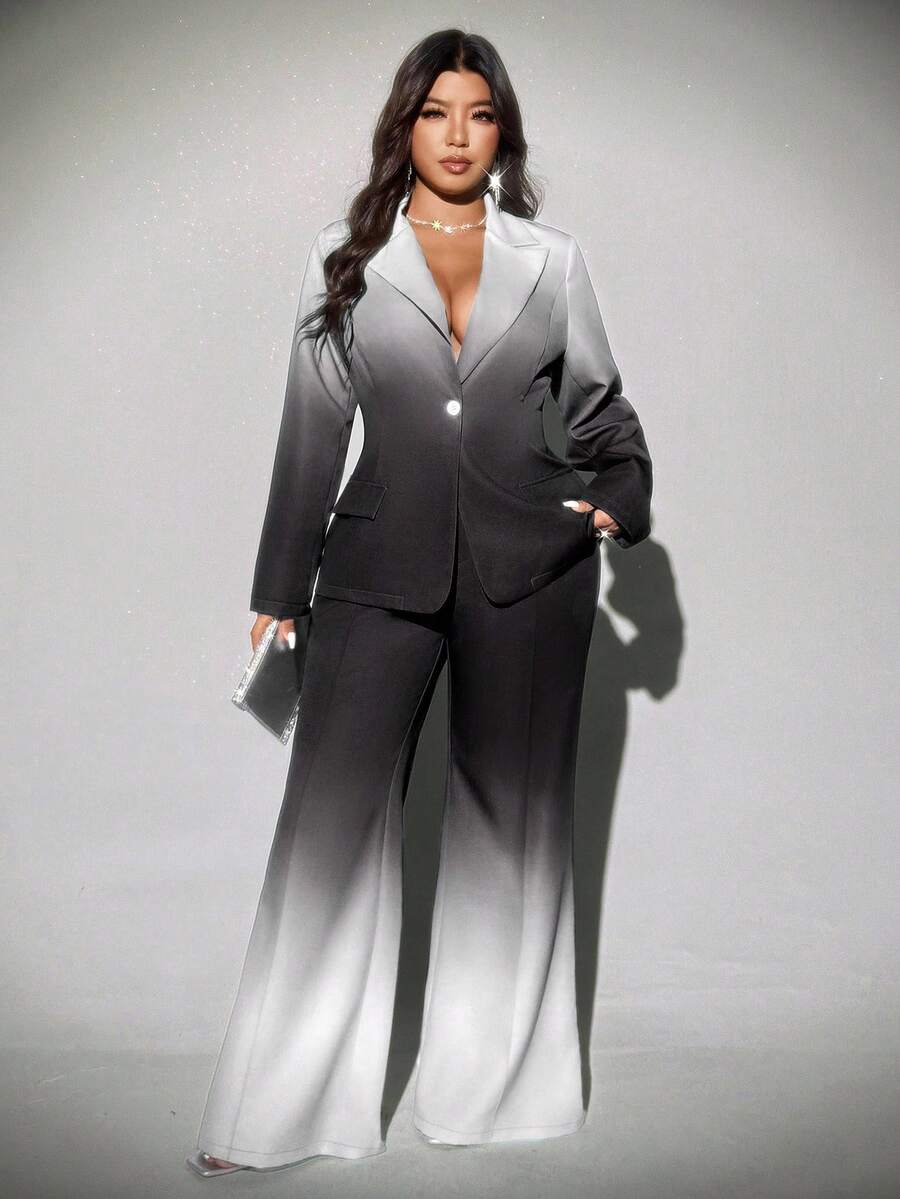 Elegantni komplet-  odelo sa ombré raširenim pantalonama, plus size, za zimu i jesen