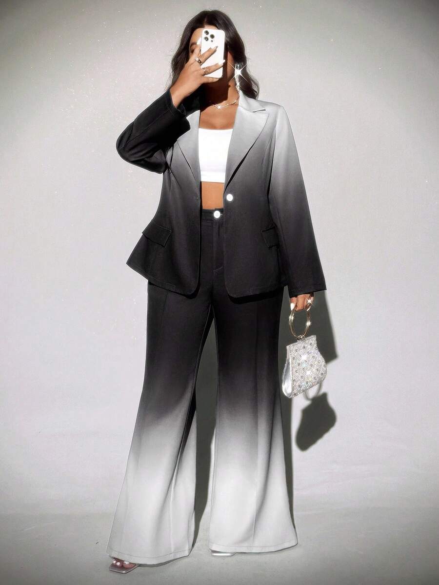Elegantni komplet-  odelo sa ombré raširenim pantalonama, plus size, za zimu i jesen