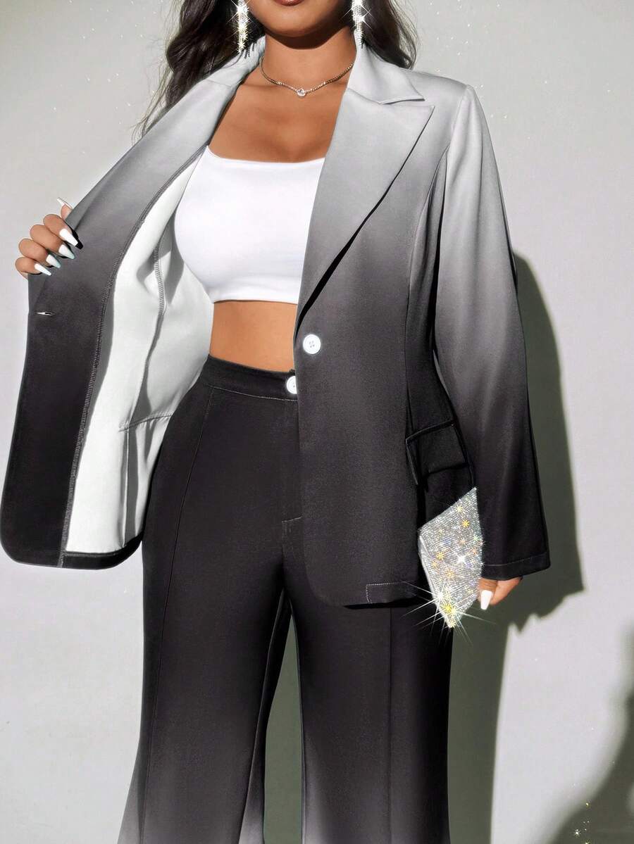 Elegantni komplet-  odelo sa ombré raširenim pantalonama, plus size, za zimu i jesen