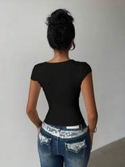 INAWLY Women's Solid Color Sweetheart Neck Contrast Lace Fitted Sexy T-Shirt