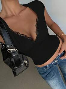 INAWLY Women's Solid Color Sweetheart Neck Contrast Lace Fitted Sexy T-Shirt