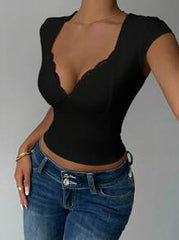 INAWLY Women's Solid Color Sweetheart Neck Contrast Lace Fitted Sexy T-Shirt