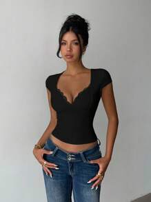 INAWLY Women's Solid Color Sweetheart Neck Contrast Lace Fitted Sexy T-Shirt