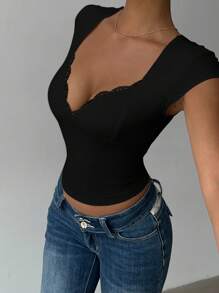 INAWLY Women's Solid Color Sweetheart Neck Contrast Lace Fitted Sexy T-Shirt