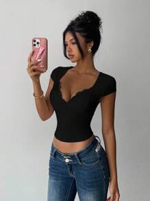 INAWLY Women's Solid Color Sweetheart Neck Contrast Lace Fitted Sexy T-Shirt