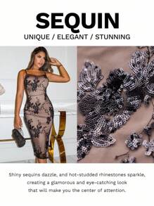 Xyvia Embroidered Sequin Embellishment Bodycon Midi Dress For Women