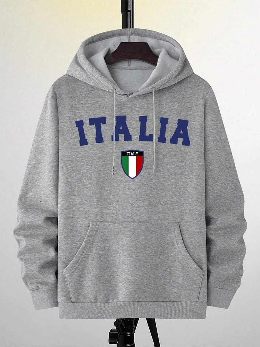 Muška dukserica sa kapuljačom širokog kroja i kengur džepom, italijanski stil, jesen/zima