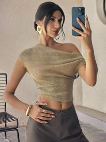 Firerie Women's Elegant Romantic Date Vacation Casual Commute Versatile Khaki Sequin Jacquard Texture Asymmetric Collar Fitted Off The Shoulder Top