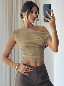 Firerie Women's Elegant Romantic Date Vacation Casual Commute Versatile Khaki Sequin Jacquard Texture Asymmetric Collar Fitted Off The Shoulder Top