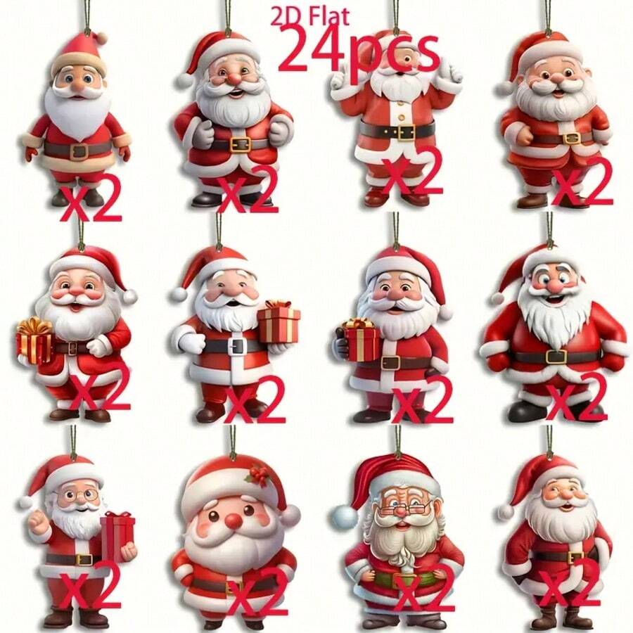 Set od 12/24 komada ravnih drvenih 2D ukrasa sa Deda Mrazom