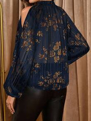 Amorya Women's Navy Blue Floral Foil Jacquard Chiffon Off-Shoulder Puff Sleeve Elegant Blouse