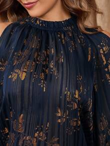Amorya Women's Navy Blue Floral Foil Jacquard Chiffon Off-Shoulder Puff Sleeve Elegant Blouse