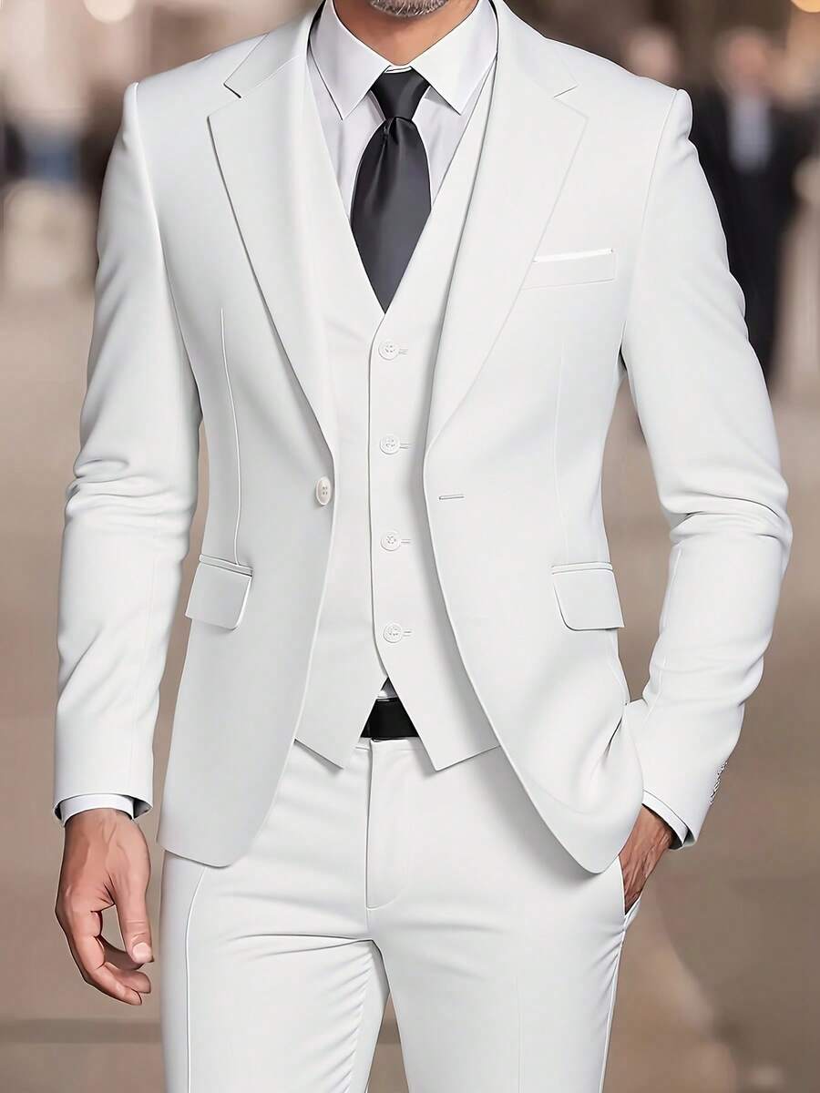 Muški set od 3 dela u jednoj boji, slim fit, rastegljiv, uključuje sako, prsluk i pantalone