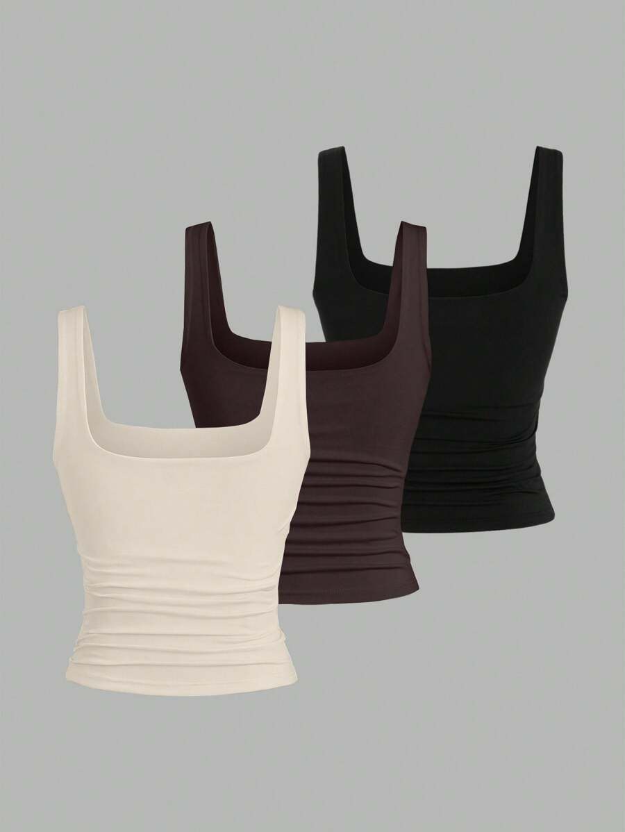 Sweetra Ženska Letnja Majica – Kvadratni Izrez, Nabran Slim Fit Casual Top