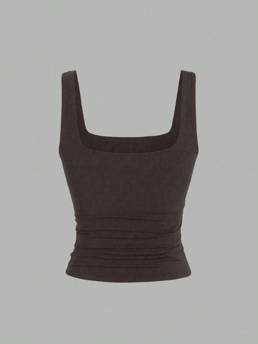 Sweetra Ženska Letnja Majica – Kvadratni Izrez, Nabran Slim Fit Casual Top